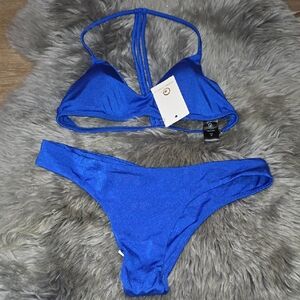 Plumeria Swimwear Blue Women's Swimwear Set M